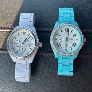 Fossil White and Aqua Watches with Crystal Accents